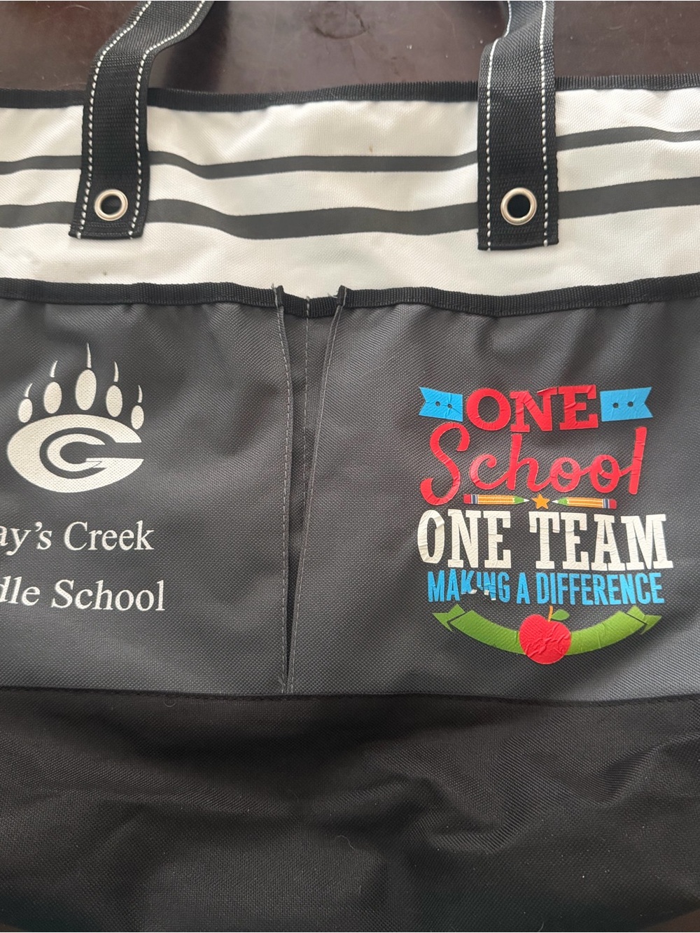 Striped Black Canvas School Tote with Colorful 'One School One Team' Graphic
